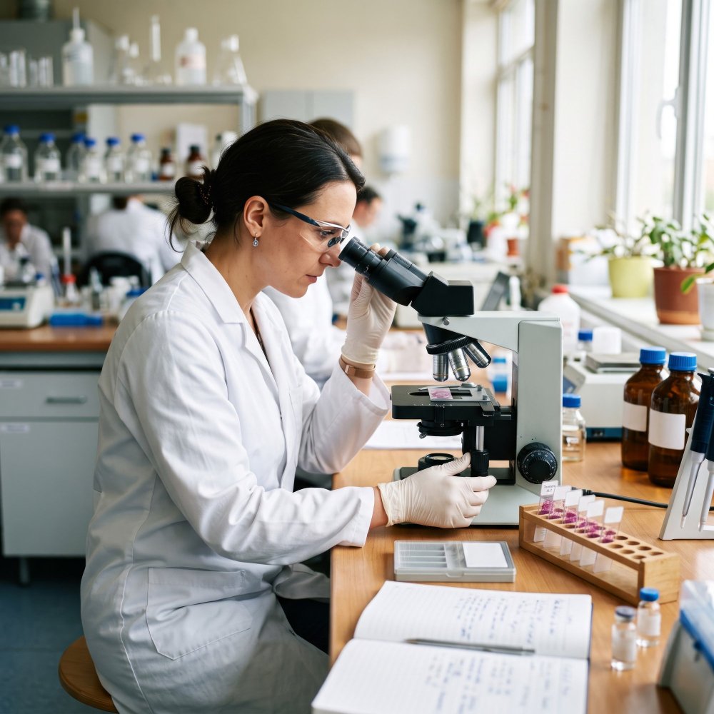 Clinical research scientist at a microscope Research scientist in a white lab coat using a microscope at a laboratory bench