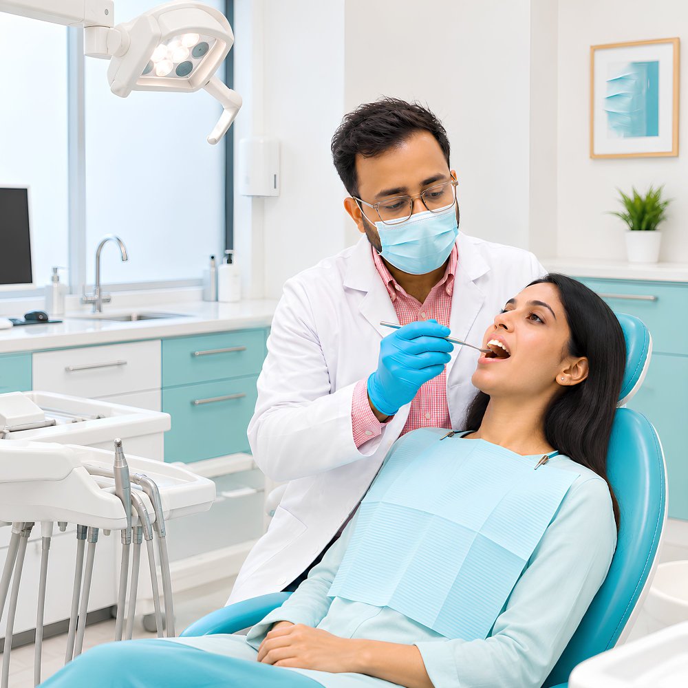 Dentist examining a patient Dentist examining a patient seated in a treatment chair